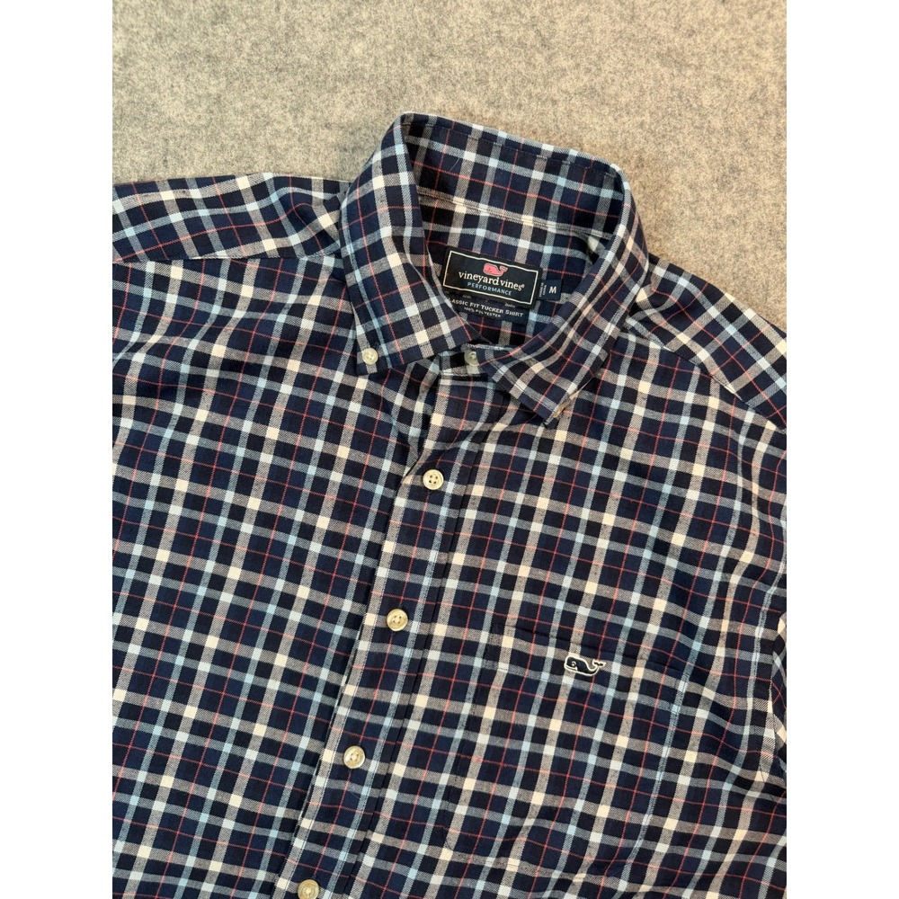 Vineyard Vines Performance Tucker Shirt Mens Medium Navy Blue Plaid Button‎ Down